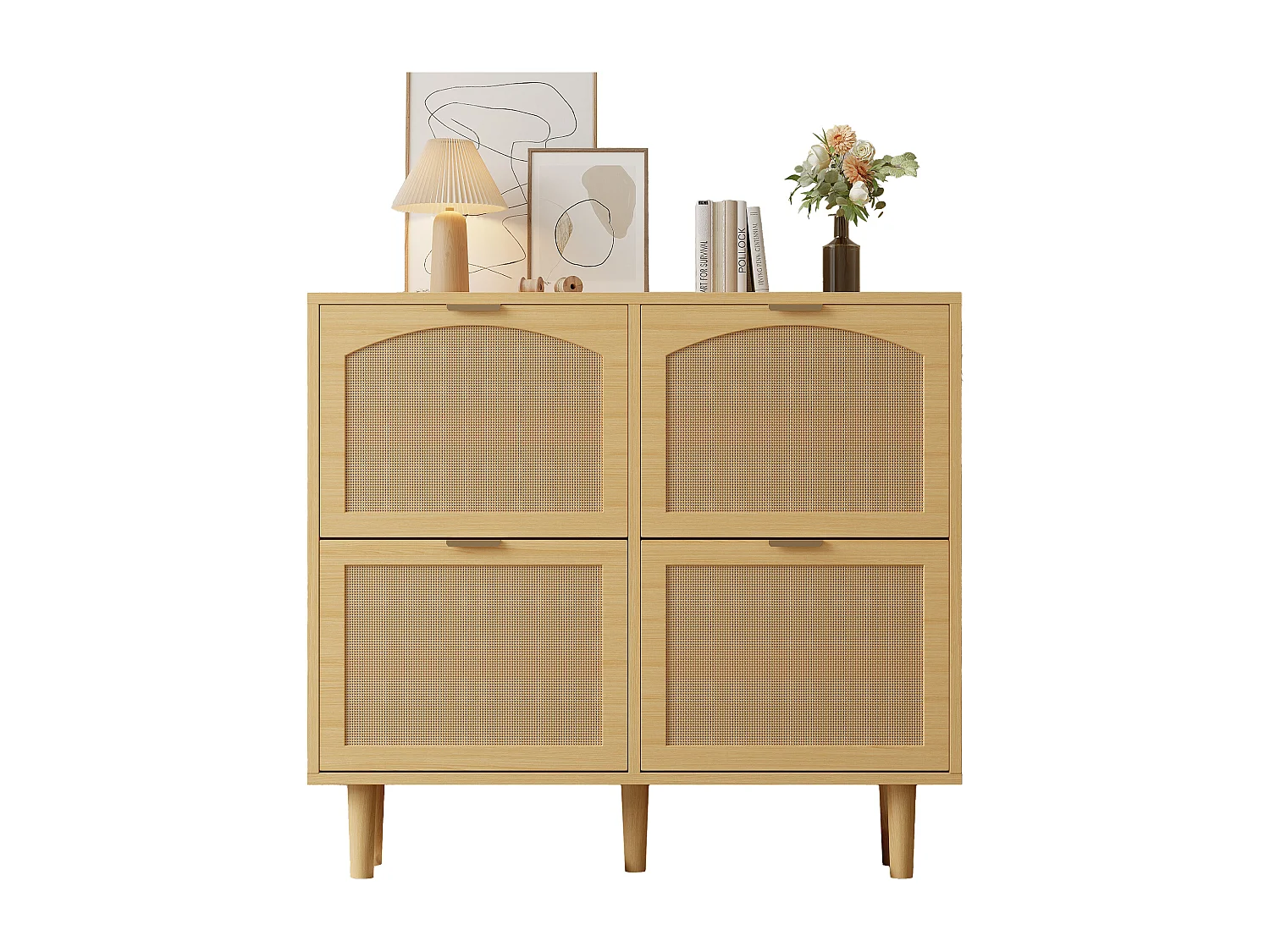 Rattan-Schuhschrank – 100 x 25 x 90,3 cm – mit 4 Klappschubladen – Spanplatte – natur