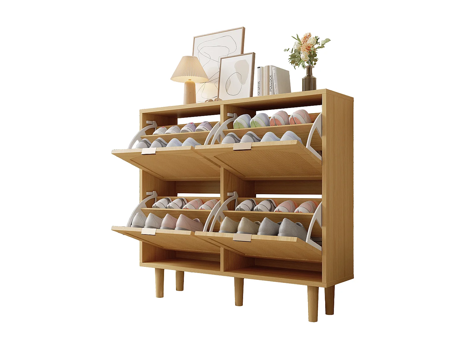 Rattan-Schuhschrank – 100 x 25 x 90,3 cm – mit 4 Klappschubladen – Spanplatte – natur