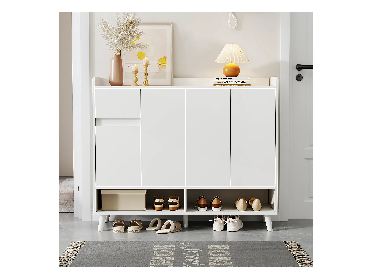 Schuhschrank – 120 x 35 x 99 cm – mit 4 Türen und 1 Schublade + verstellbarem Einlegeboden – großer Stauraum – Spanplatte – weiß
