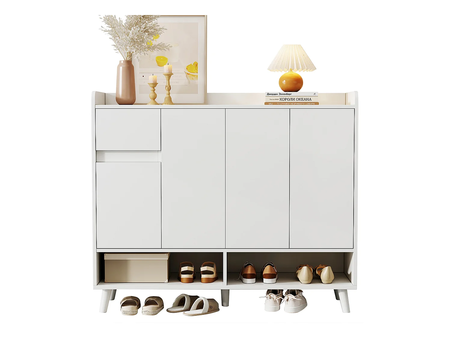 Zapatero - 120 x 35 x 99 cm - Con 4 puertas y 1 cajón + Estante ajustable - Gran capacidad - Aglomerado - blanco