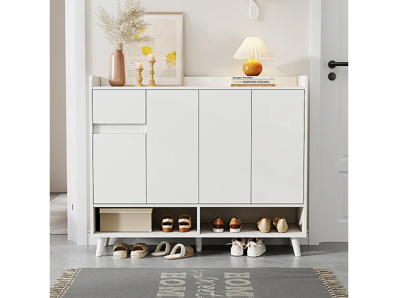 Meuble à chaussures  - 120 x 35 x 99 cm - avec 4 portes et 1 tiroir + étagère réglable - grand rangement - aggloméré - blanc