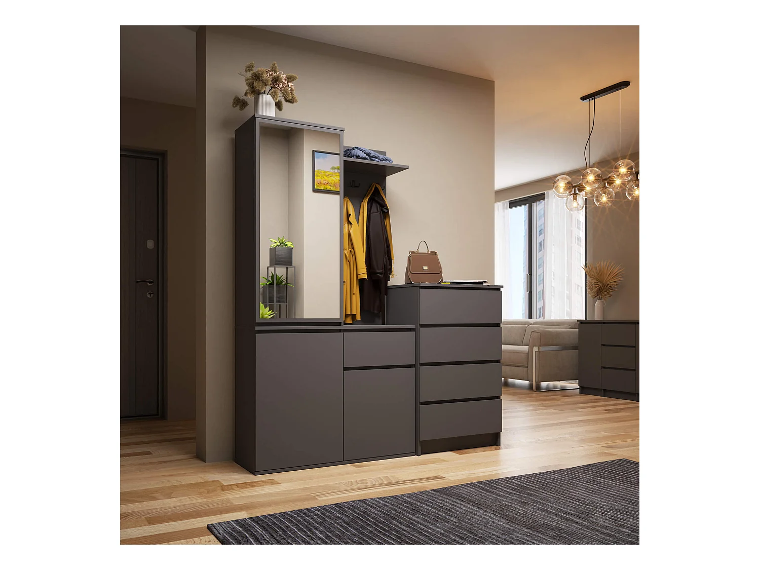 Hal set met spiegel ENTRO / Halmeubel met 3 Deuren en 1 Lade / Hal Kast / Kapstok en Schoenenkast / Grafietgrijs / 95 x 183 x 35 cm