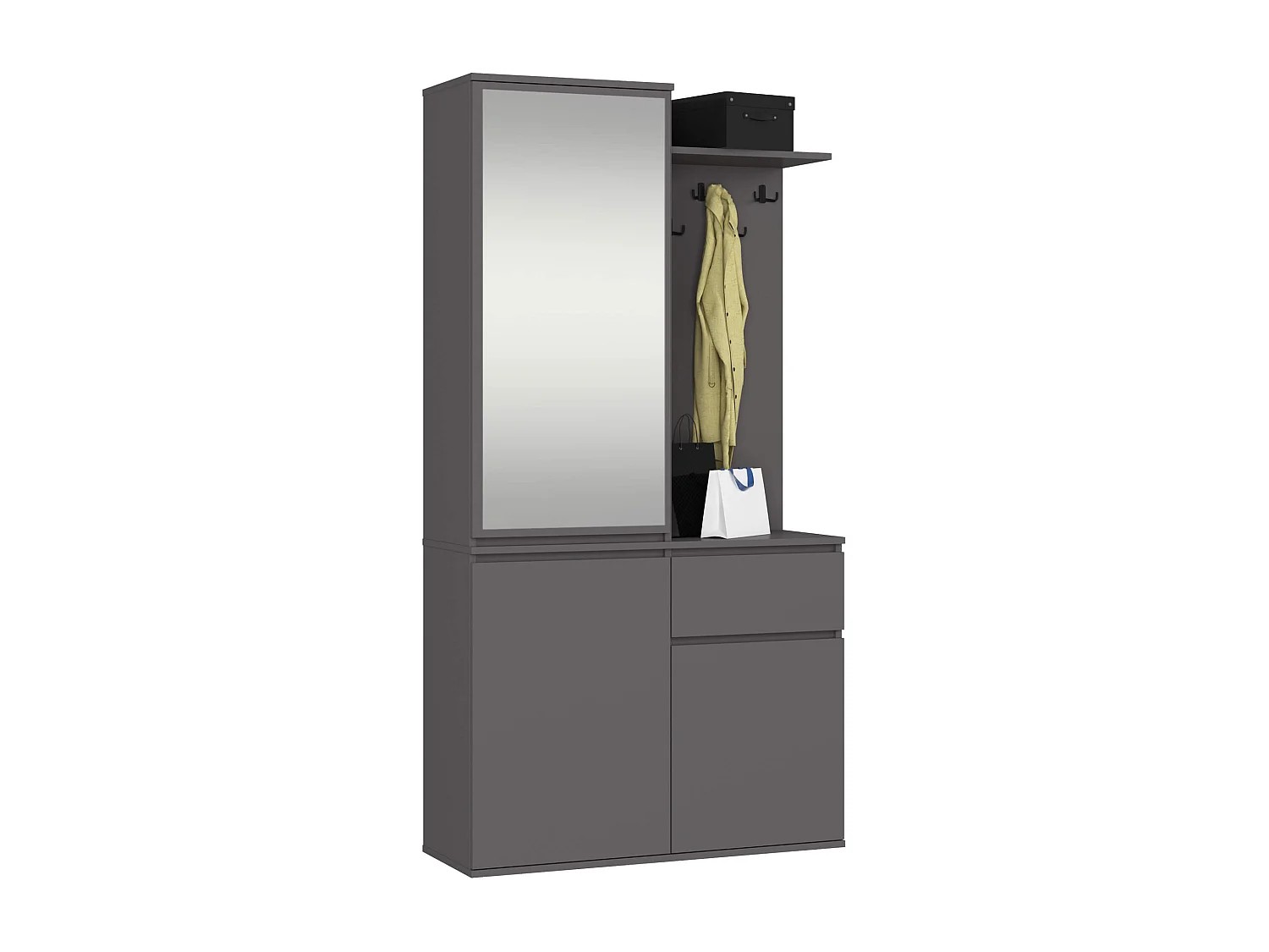 Ensemble de meubles d'entrée ENTRO Gris Graphite avec armoire et miroir 95 cm 3 portes 1 tiroir 7 étagères 95x35x183 cm