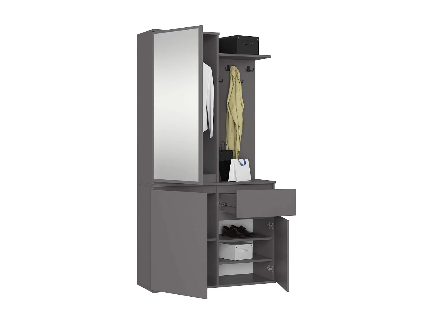 Ensemble de meubles d'entrée ENTRO Gris Graphite avec armoire et miroir 95 cm 3 portes 1 tiroir 7 étagères 95x35x183 cm