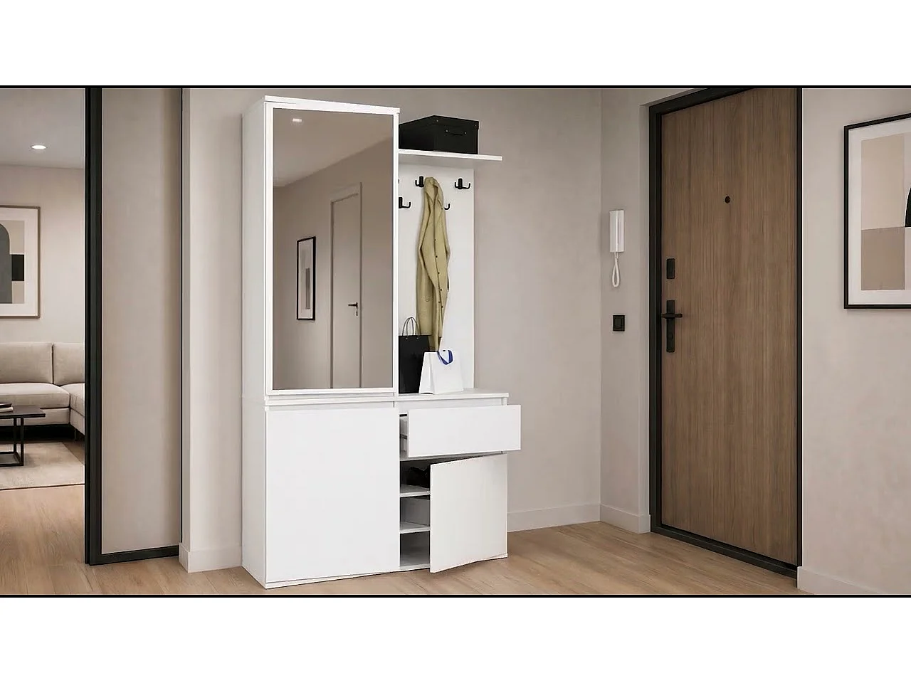 Ensemble de meubles d'entrée ENTRO Gris Graphite avec armoire et miroir 95 cm 3 portes 1 tiroir 7 étagères 95x35x183 cm