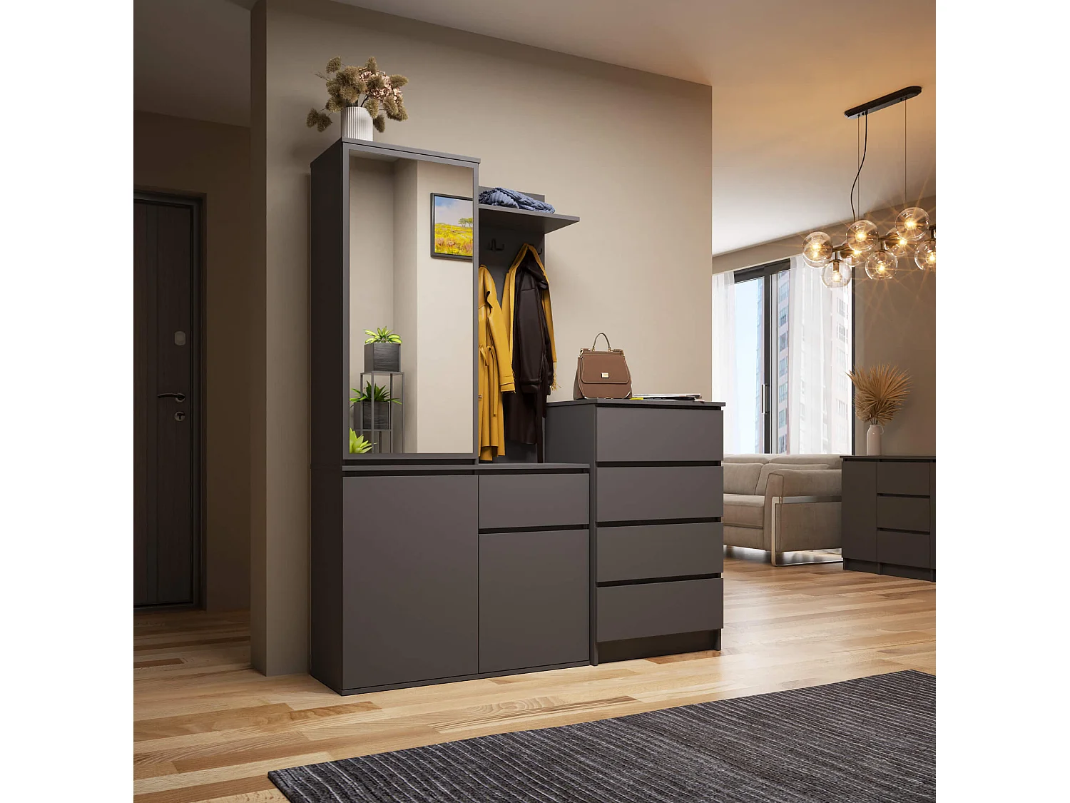 Ensemble de meubles d'entrée ENTRO Gris Graphite avec armoire et miroir 95 cm 3 portes 1 tiroir 7 étagères 95x35x183 cm