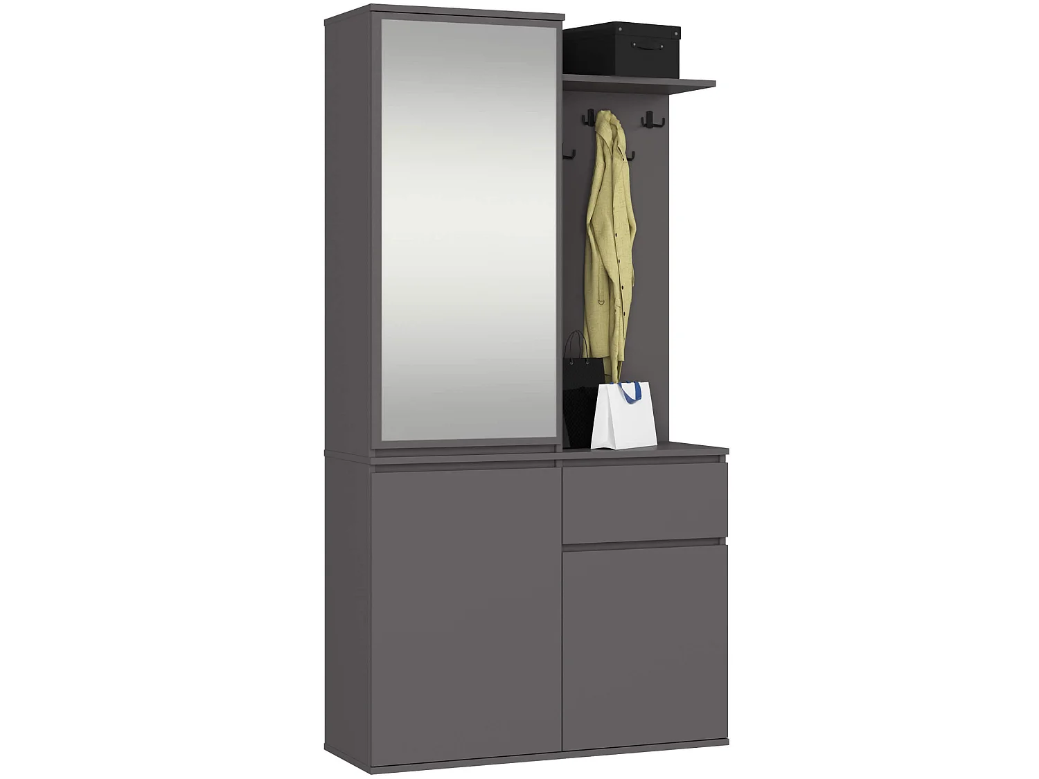 Ensemble de meubles d'entrée ENTRO Gris Graphite avec armoire et miroir 95 cm 3 portes 1 tiroir 7 étagères 95x35x183 cm