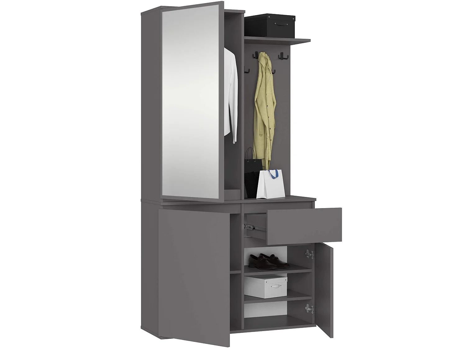 Ensemble de meubles d'entrée ENTRO Gris Graphite avec armoire et miroir 95 cm 3 portes 1 tiroir 7 étagères 95x35x183 cm