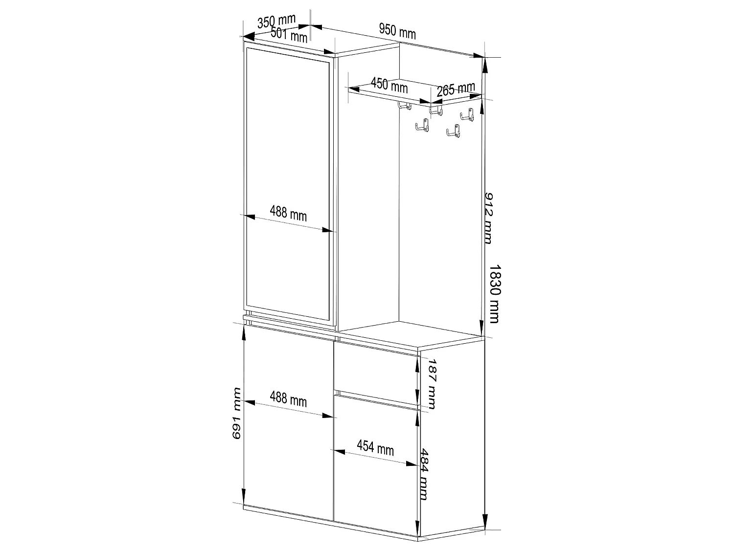 Ensemble de meubles d'entrée ENTRO Gris Graphite avec armoire et miroir 95 cm 3 portes 1 tiroir 7 étagères 95x35x183 cm