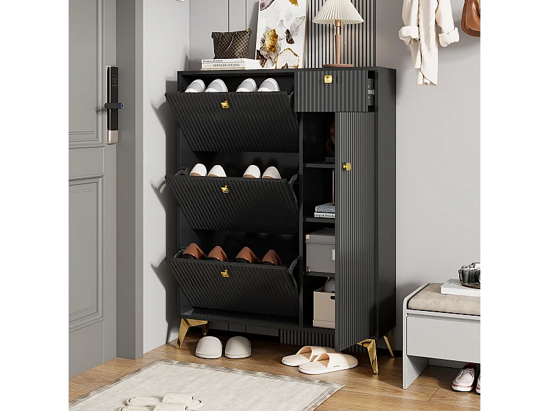 Schuhschrank – 90 x 25 x 121 cm – mit 3 Klappen + 1 Schublade + 1 Tür – MDF + Metall – Schwarz