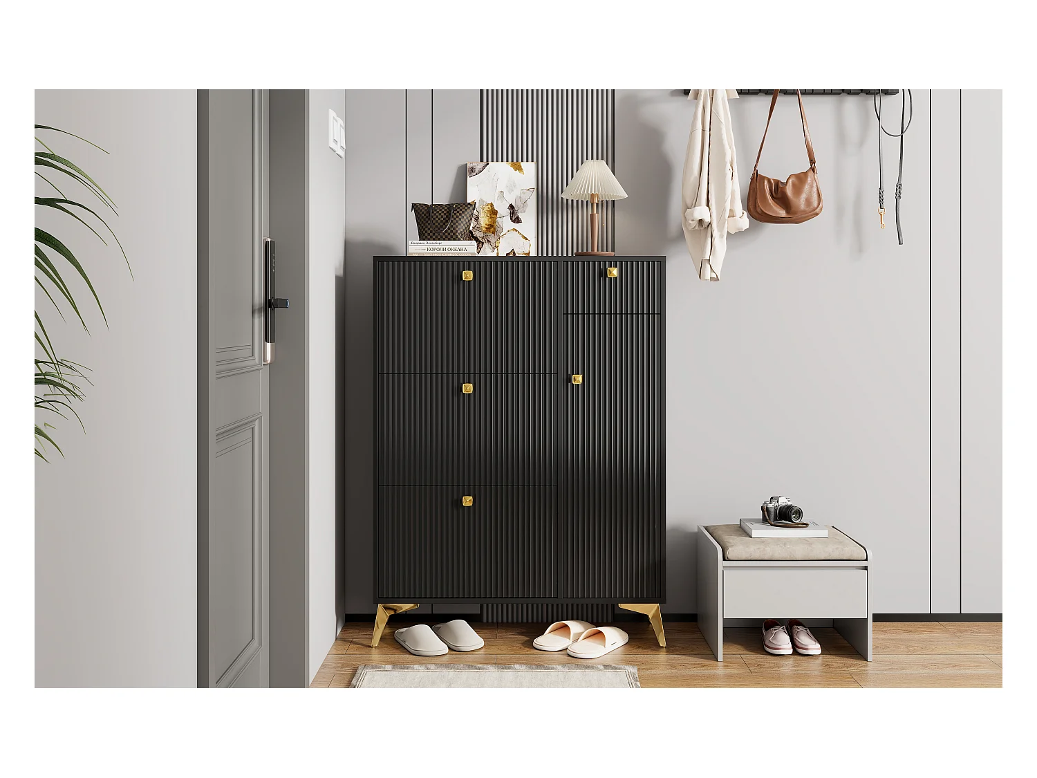 Meuble à chaussures - 90 x 25 x 121 cm -  avec 3 abattants + 1 tiroir + 1 porte - MDF + Métal - noir