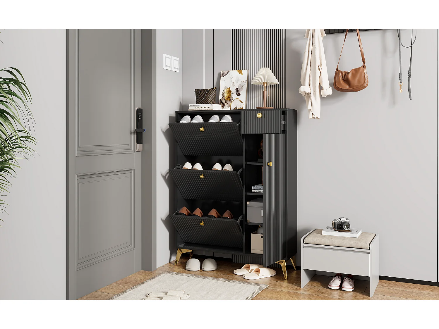 Meuble à chaussures - 90 x 25 x 121 cm -  avec 3 abattants + 1 tiroir + 1 porte - MDF + Métal - noir