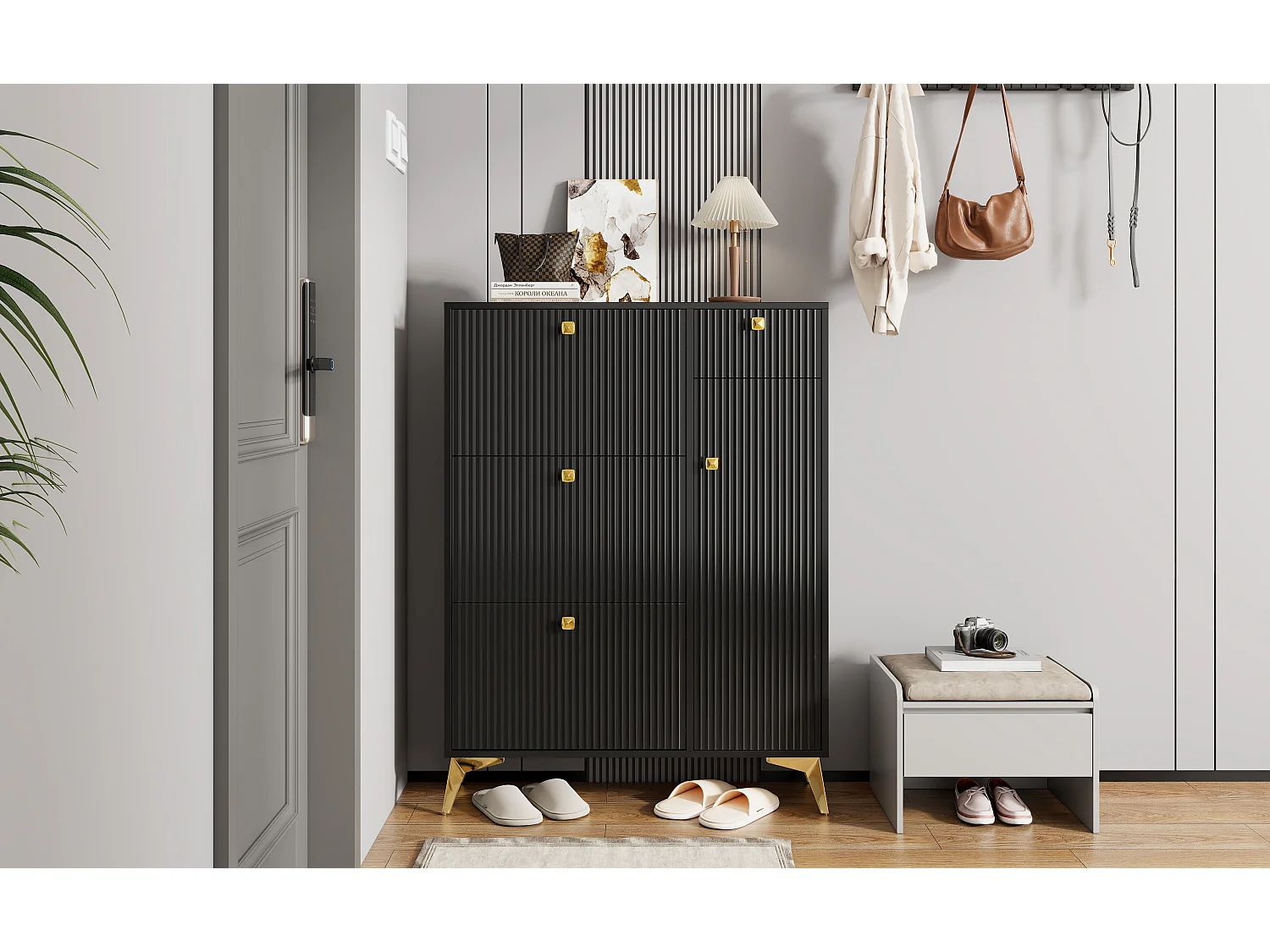 Meuble à chaussures - 90 x 25 x 121 cm -  avec 3 abattants + 1 tiroir + 1 porte - MDF + Métal - noir