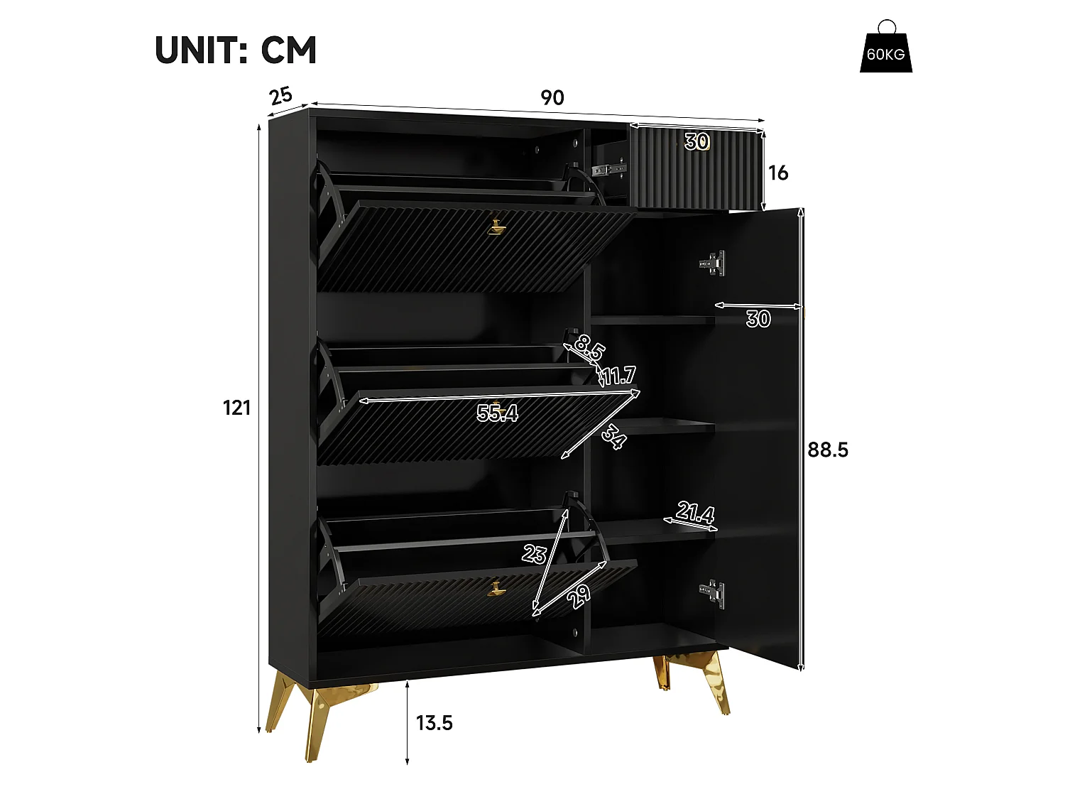 Schuhschrank – 90 x 25 x 121 cm – mit 3 Klappen + 1 Schublade + 1 Tür – MDF + Metall – Schwarz