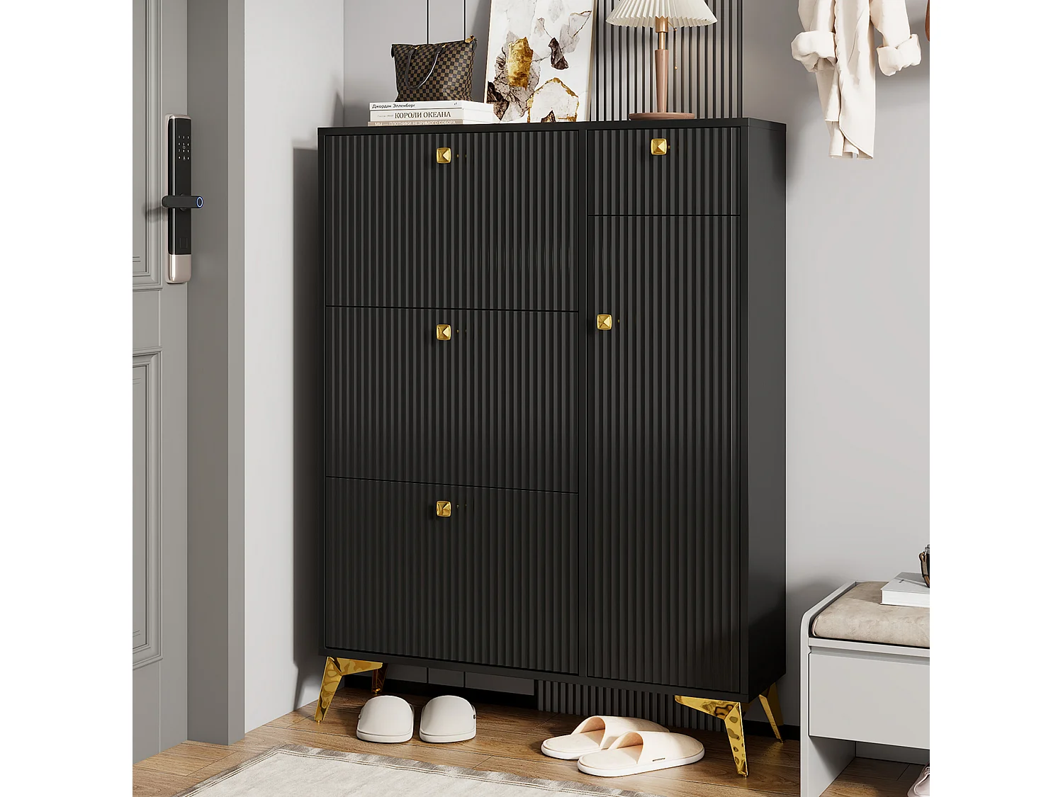 Schuhschrank – 90 x 25 x 121 cm – mit 3 Klappen + 1 Schublade + 1 Tür – MDF + Metall – Schwarz