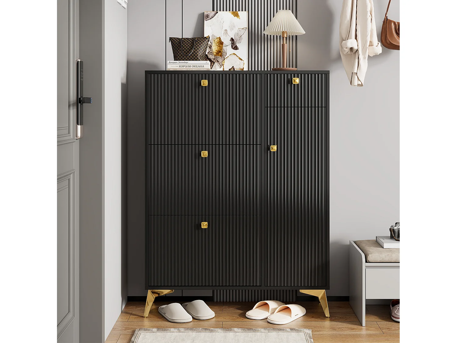 Schuhschrank – 90 x 25 x 121 cm – mit 3 Klappen + 1 Schublade + 1 Tür – MDF + Metall – Schwarz