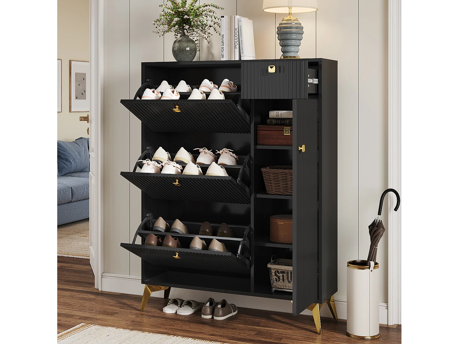 Schuhschrank – 90 x 25 x 121 cm – mit 3 Klappen + 1 Schublade + 1 Tür – MDF + Metall – Schwarz