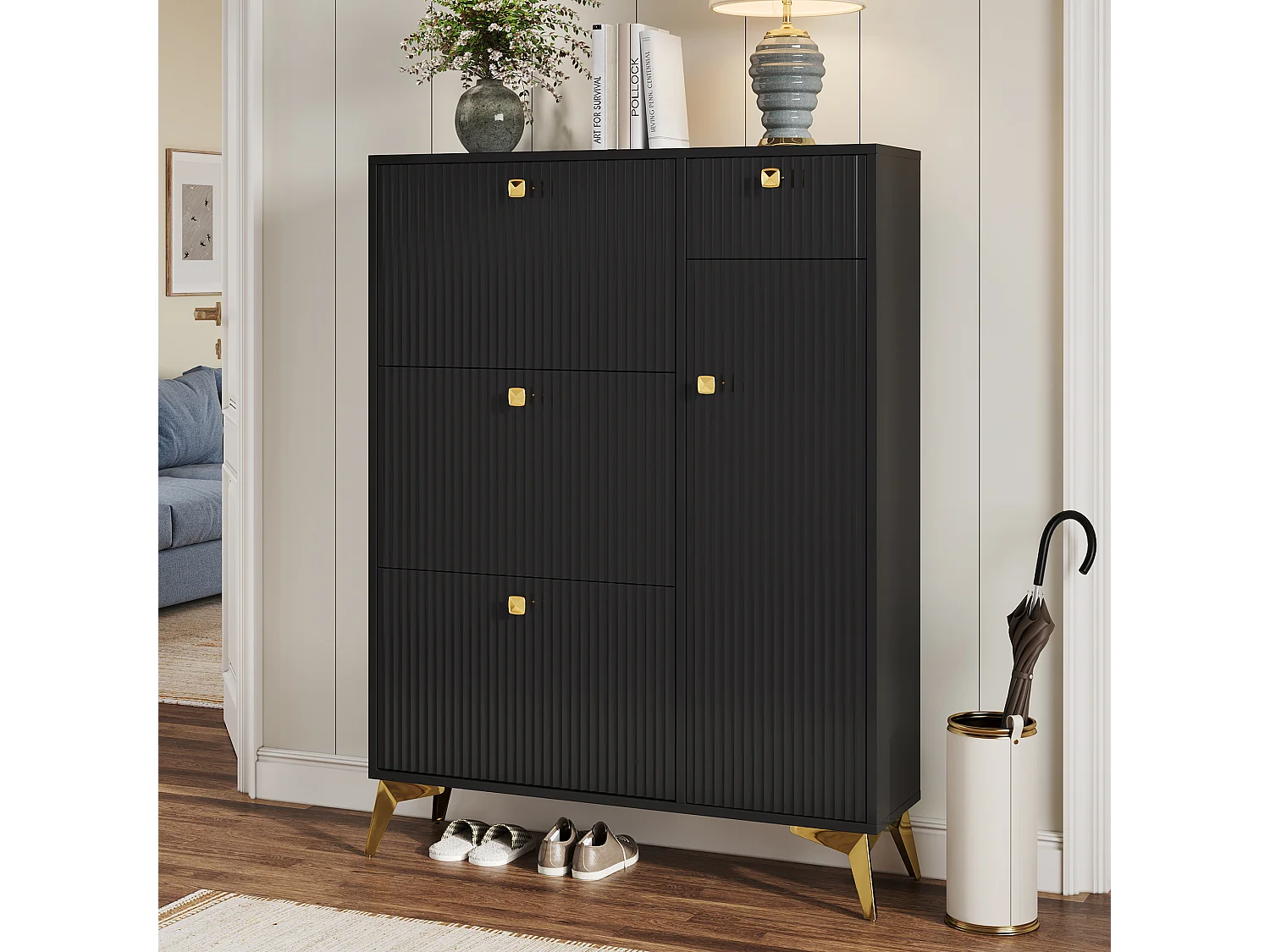 Schuhschrank – 90 x 25 x 121 cm – mit 3 Klappen + 1 Schublade + 1 Tür – MDF + Metall – Schwarz