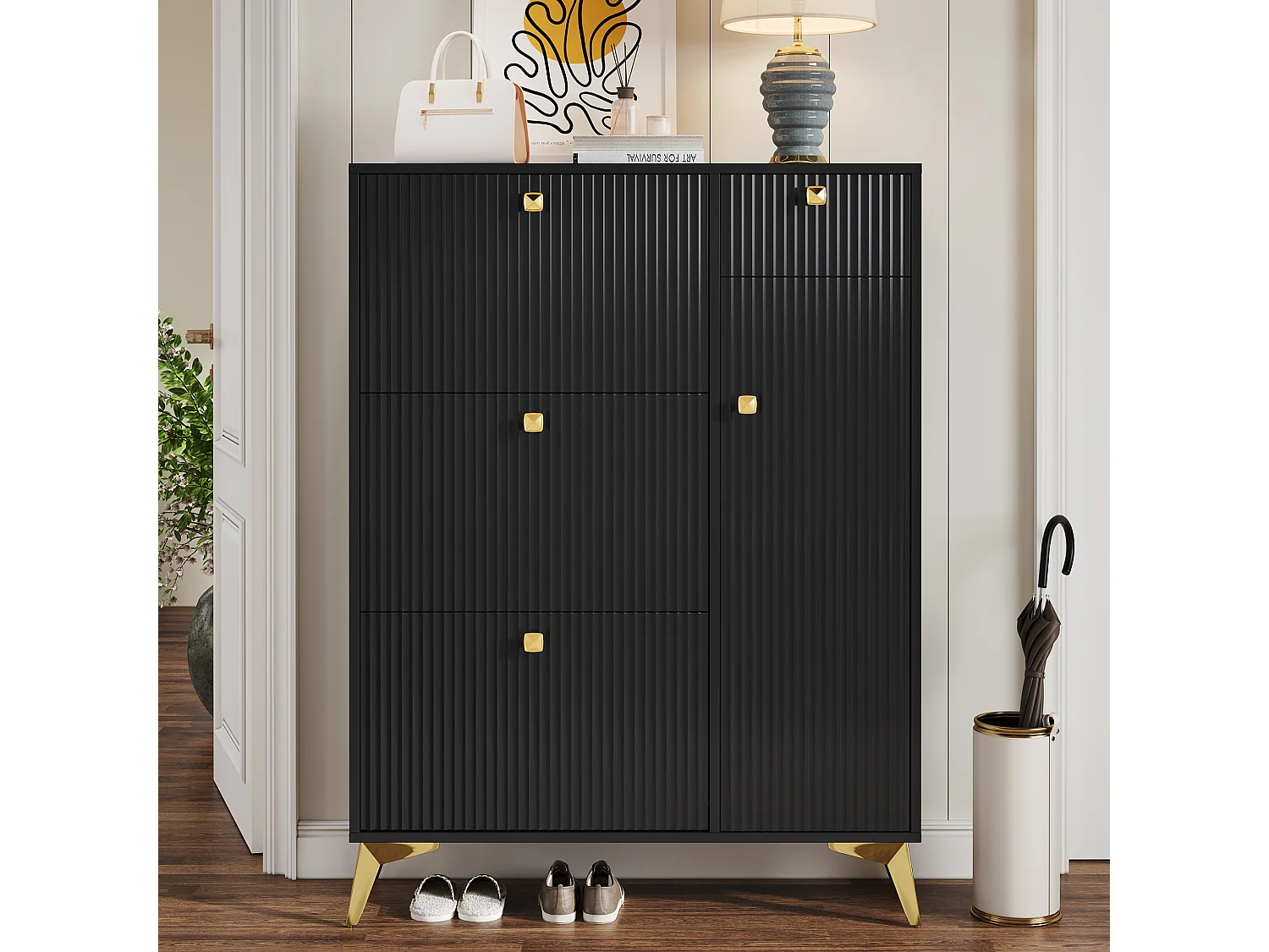 Schuhschrank – 90 x 25 x 121 cm – mit 3 Klappen + 1 Schublade + 1 Tür – MDF + Metall – Schwarz