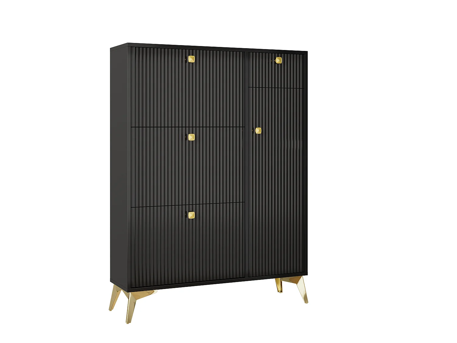 Schuhschrank – 90 x 25 x 121 cm – mit 3 Klappen + 1 Schublade + 1 Tür – MDF + Metall – Schwarz