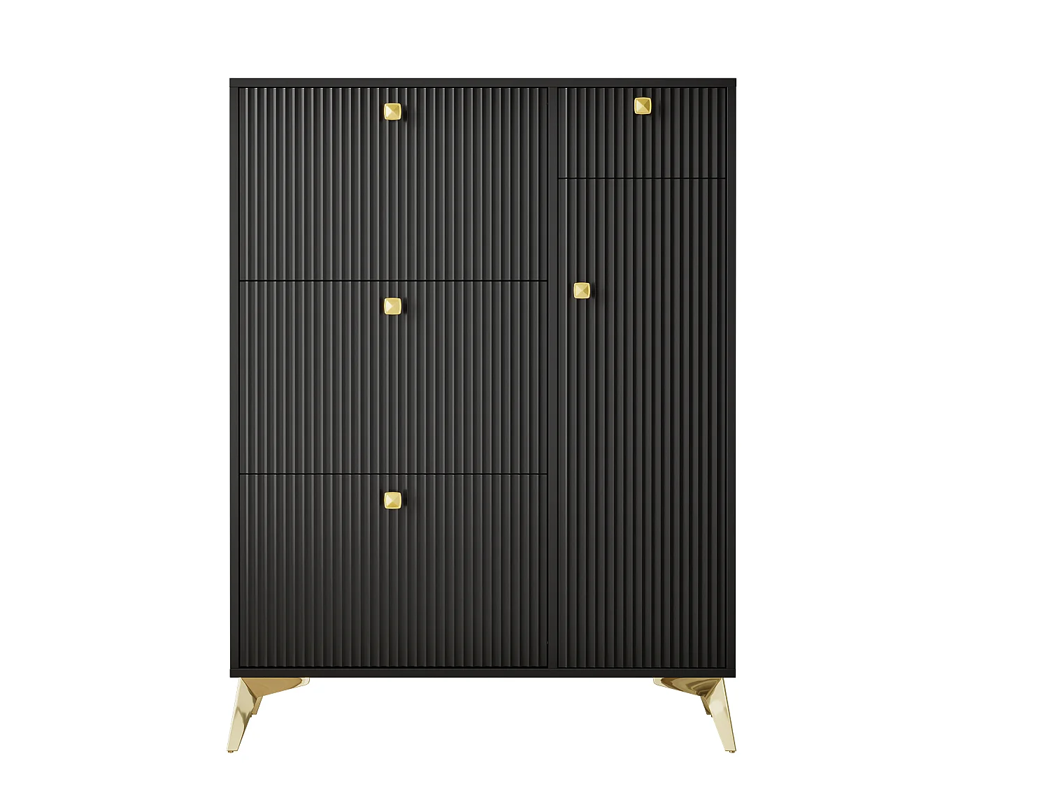 Schuhschrank – 90 x 25 x 121 cm – mit 3 Klappen + 1 Schublade + 1 Tür – MDF + Metall – Schwarz