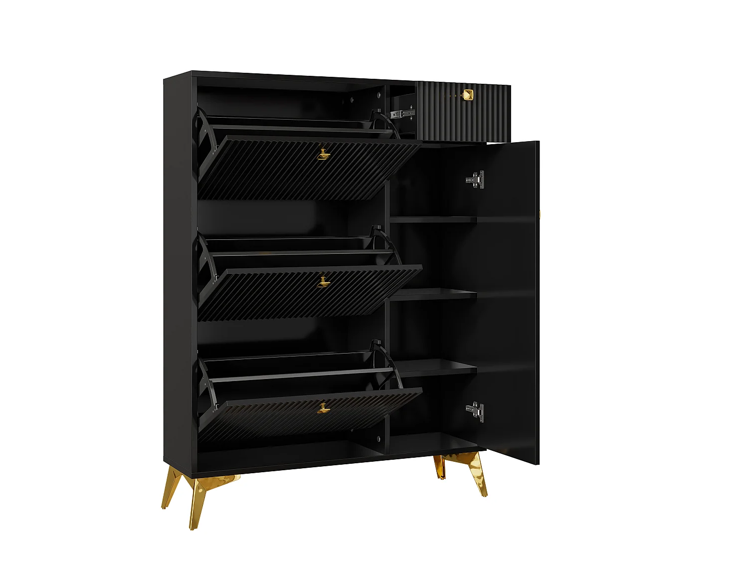 Schuhschrank – 90 x 25 x 121 cm – mit 3 Klappen + 1 Schublade + 1 Tür – MDF + Metall – Schwarz