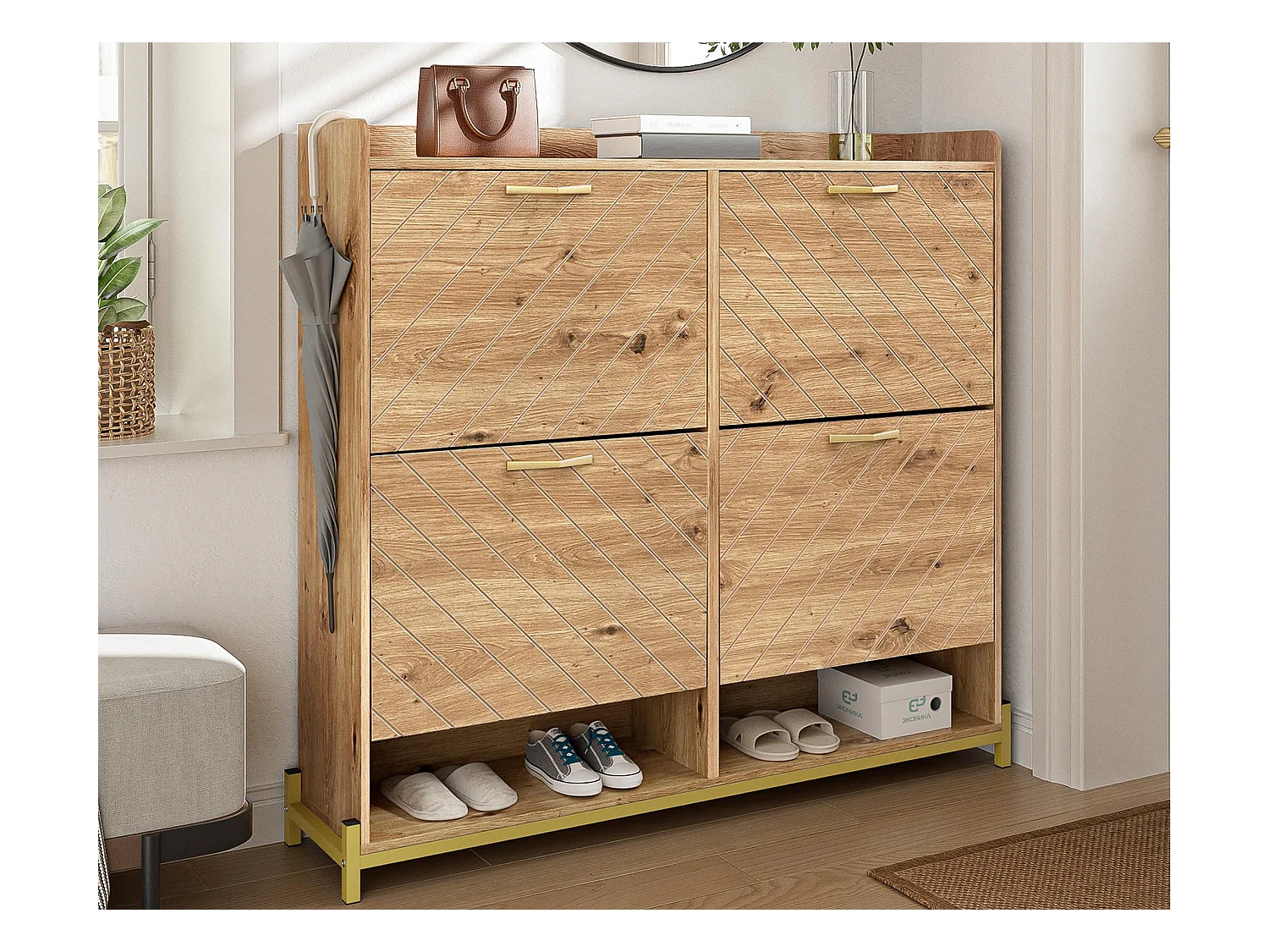 Mueble para zapatos moderno 108.5×24×100 cm - con 4 puertas - MDF - color natural