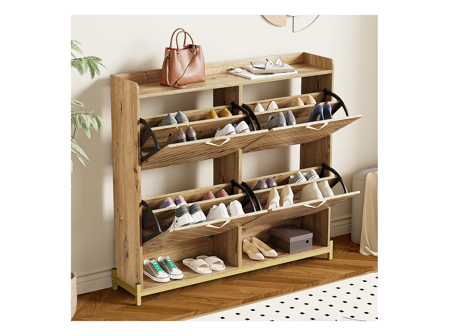 Mueble para zapatos moderno 108.5×24×100 cm - con 4 puertas - MDF - color natural