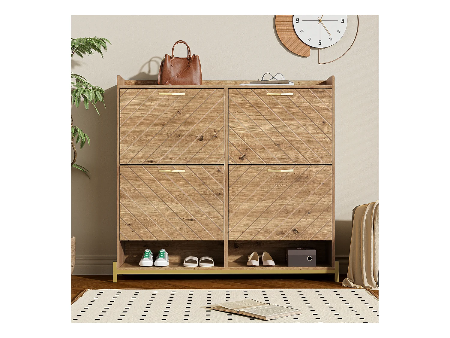 Mueble para zapatos moderno 108.5×24×100 cm - con 4 puertas - MDF - color natural
