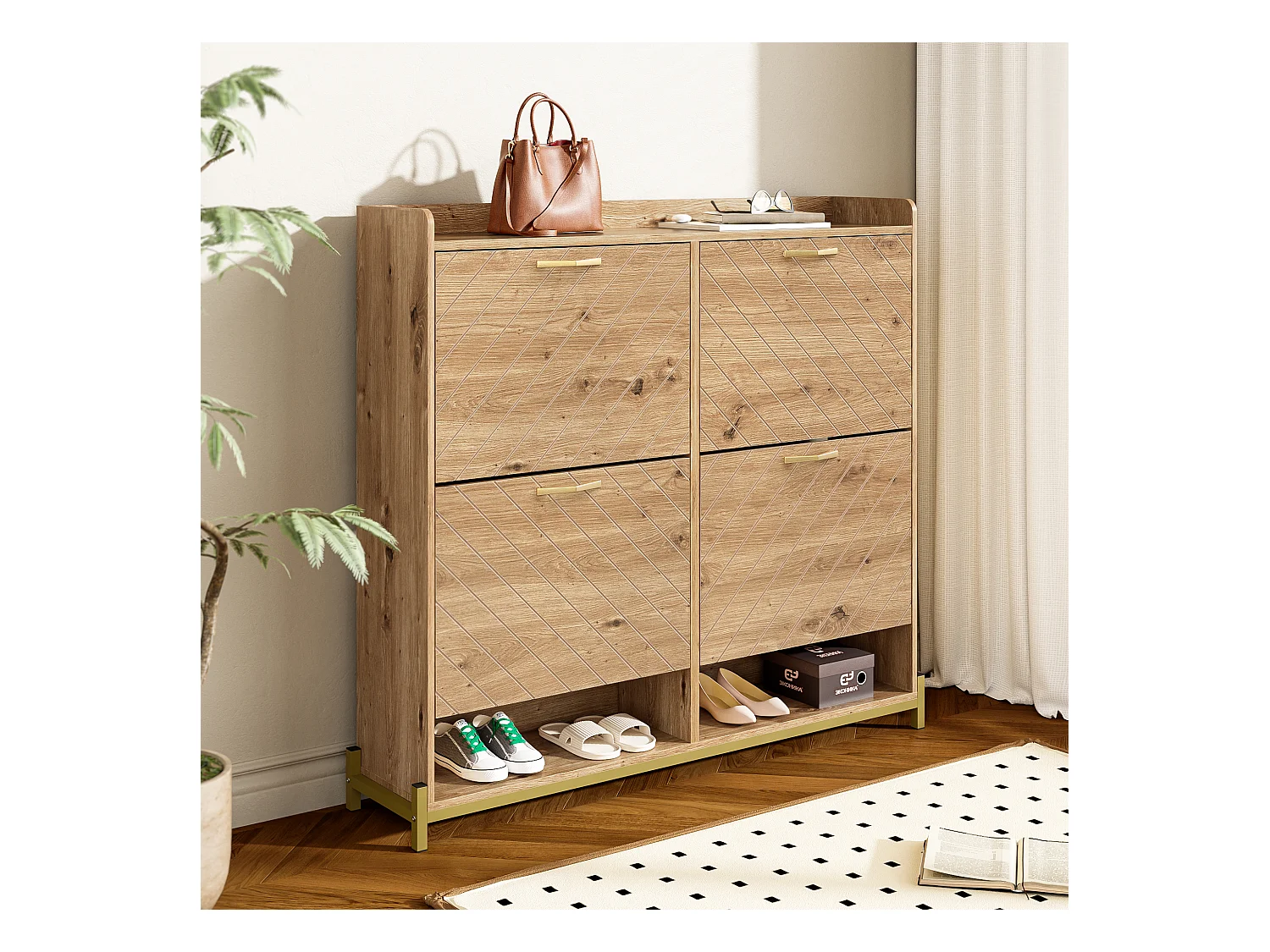 Mueble para zapatos moderno 108.5×24×100 cm - con 4 puertas - MDF - color natural