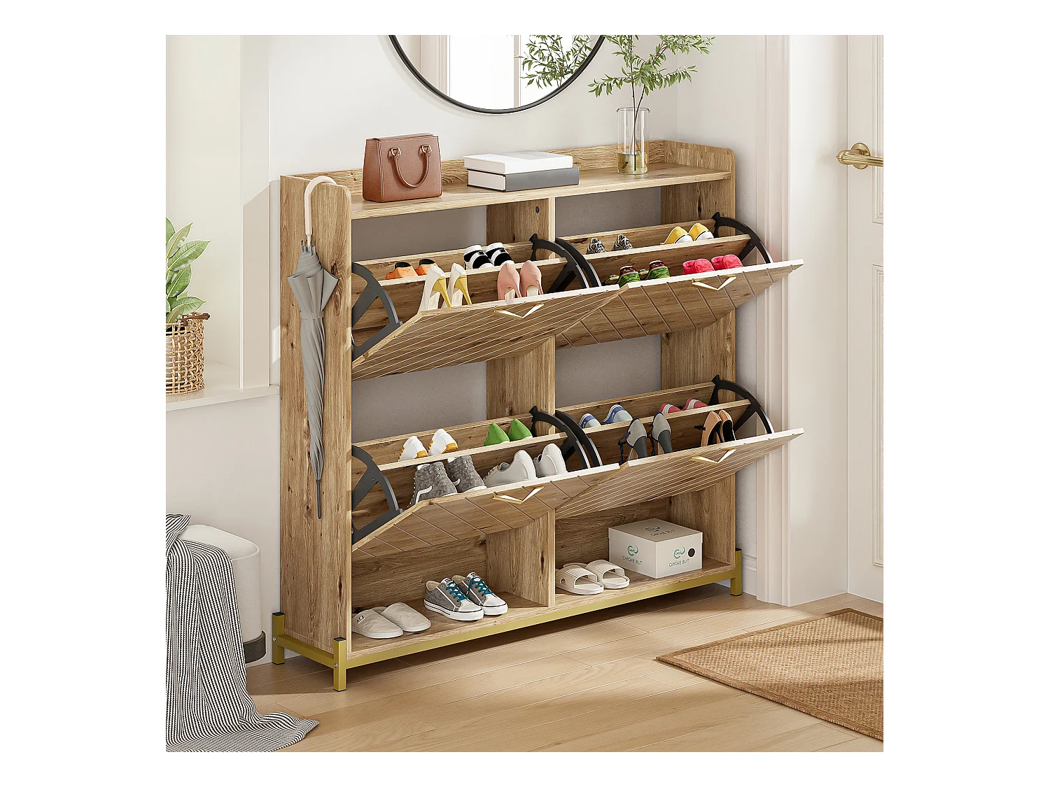Mueble para zapatos moderno 108.5×24×100 cm - con 4 puertas - MDF - color natural