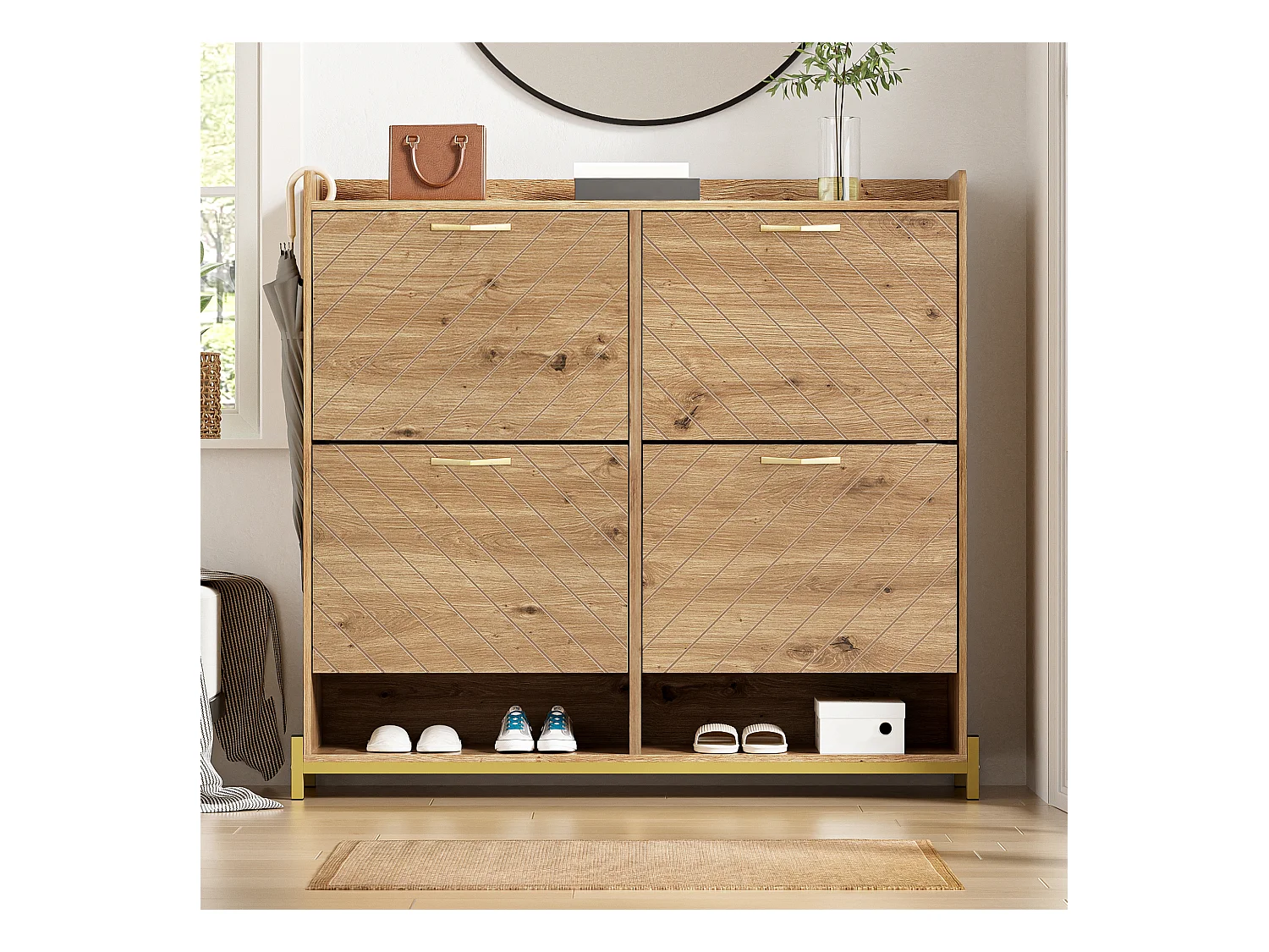 Mueble para zapatos moderno 108.5×24×100 cm - con 4 puertas - MDF - color natural