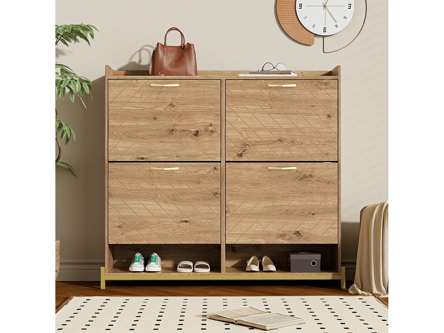 Meuble à chaussures moderne 108.5x24x100cm - avec 4 portes - MDF - Naturel