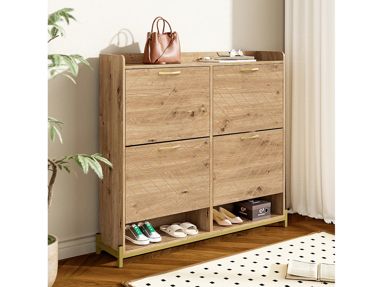 Meuble à chaussures moderne 108.5x24x100cm - avec 4 portes - MDF - Naturel