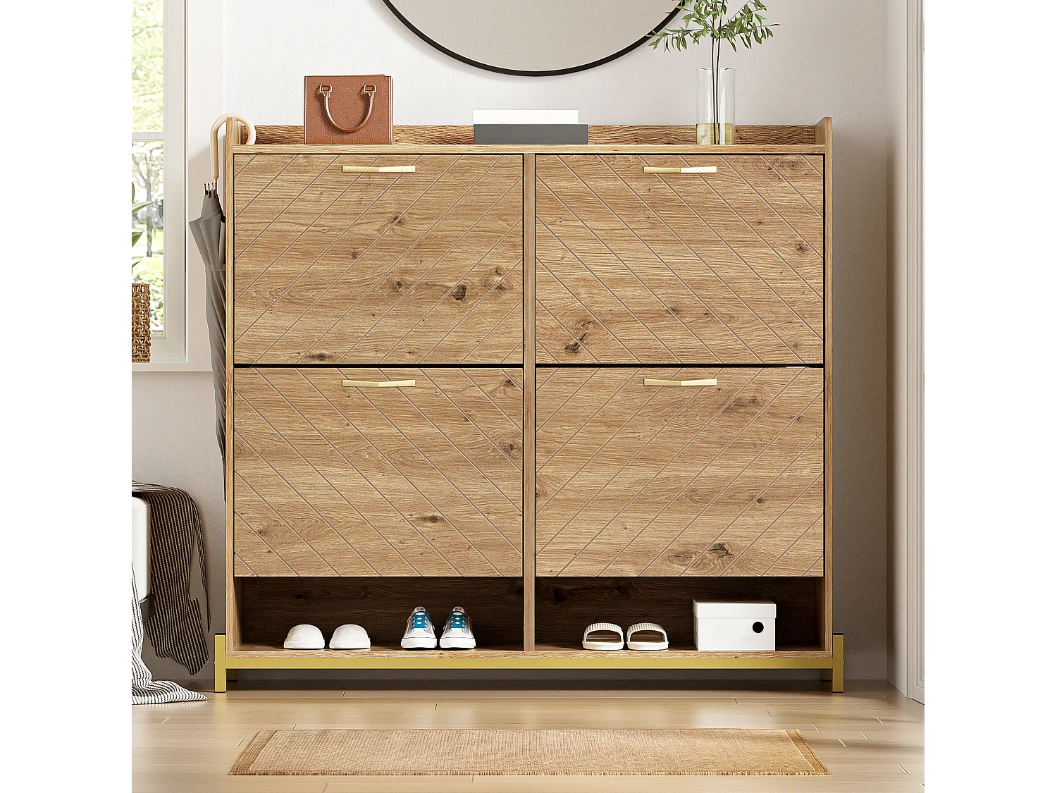 Meuble à chaussures moderne 108.5x24x100cm - avec 4 portes - MDF - Naturel