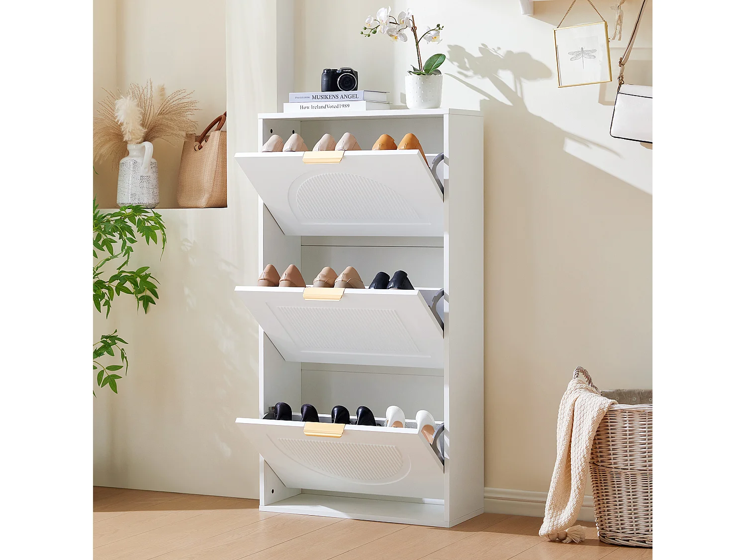 Meuble à chaussures étroit à 3 volets - 60 x 24 x 114 cm - pour salon - MDF - blanc