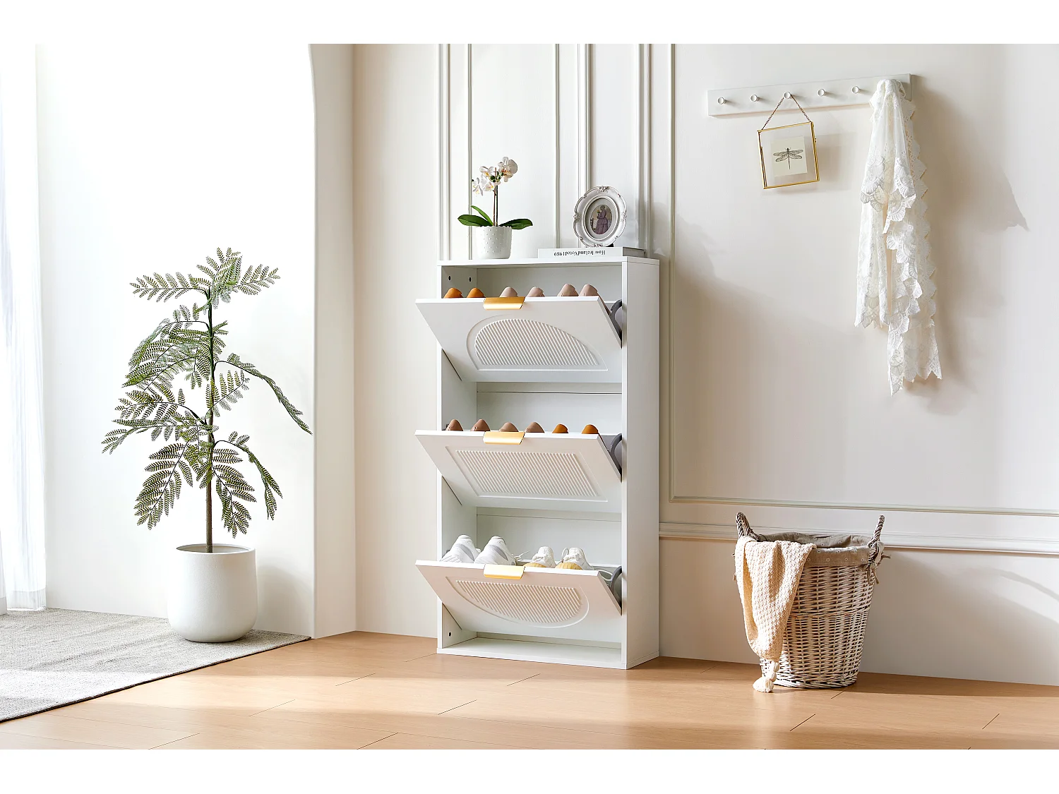 Meuble à chaussures étroit à 3 volets - 60 x 24 x 114 cm - pour salon - MDF - blanc