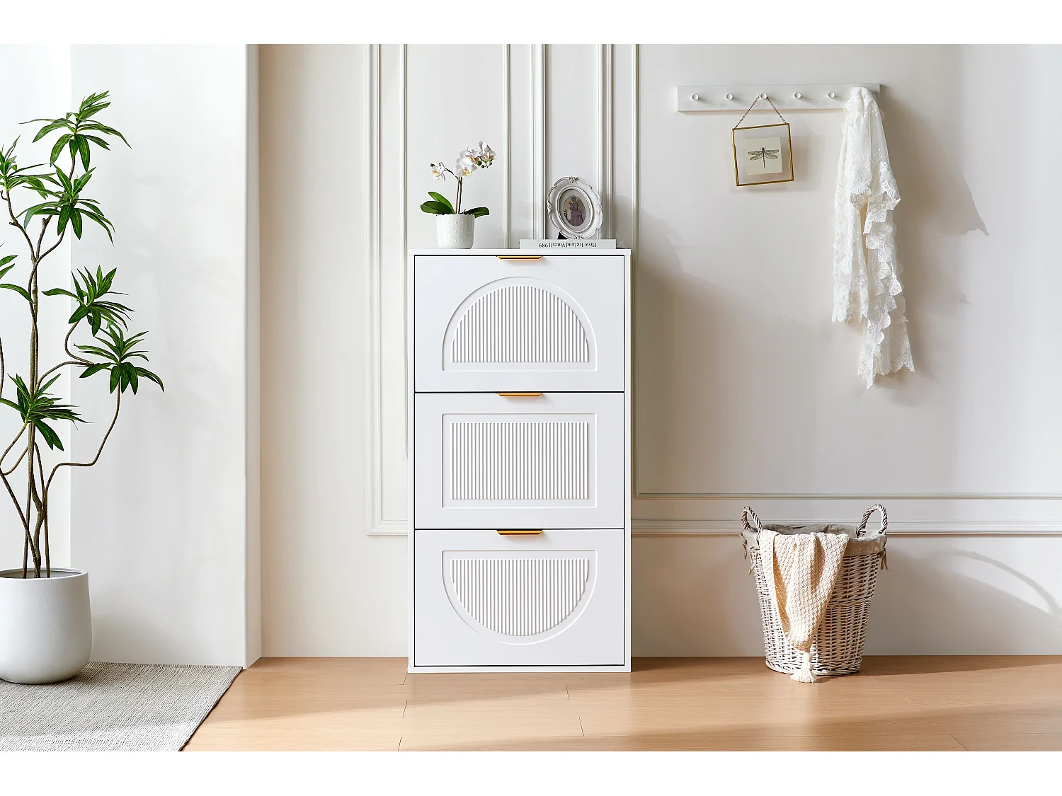 Meuble à chaussures étroit à 3 volets - 60 x 24 x 114 cm - pour salon - MDF - blanc