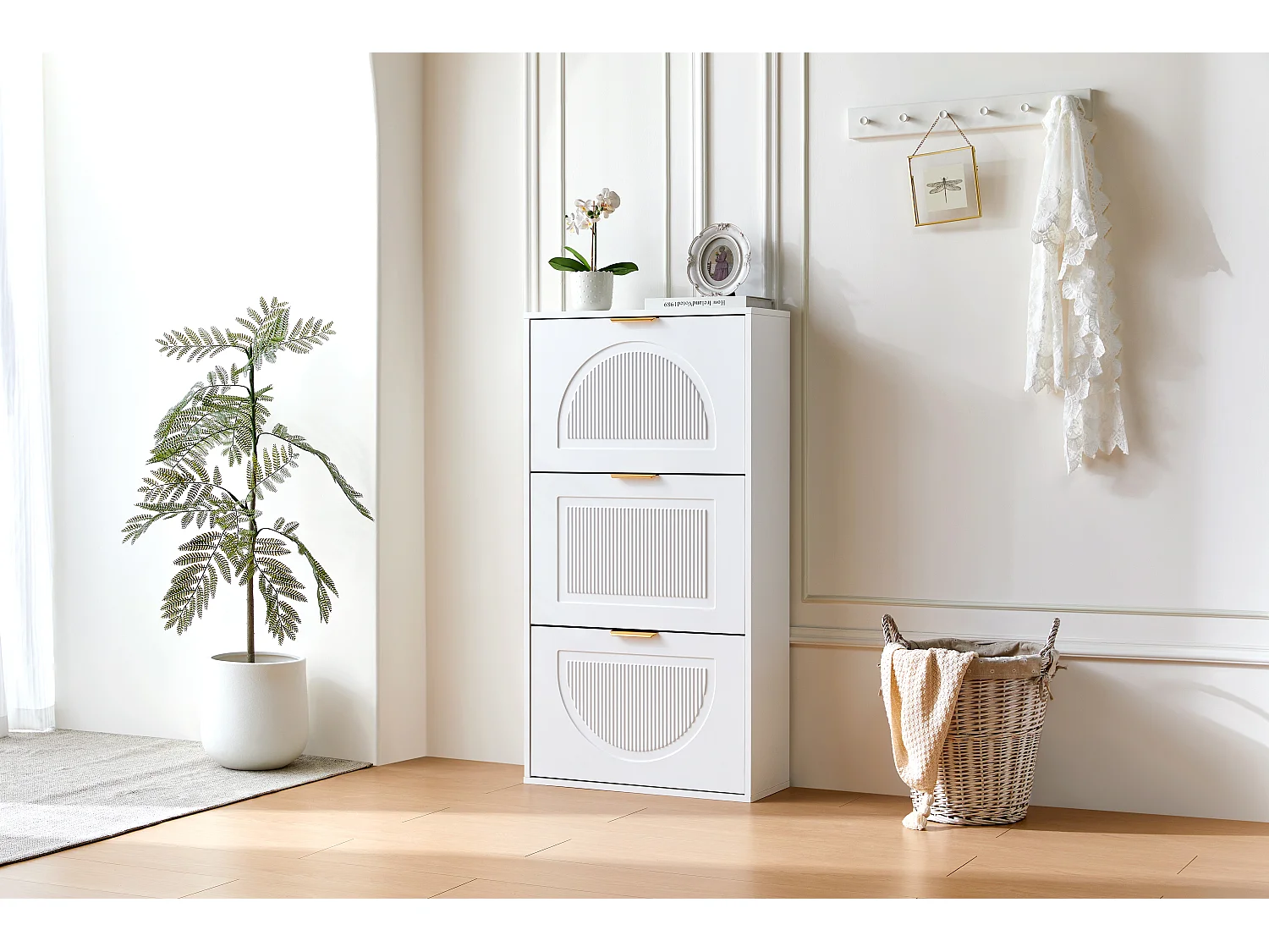 Meuble à chaussures étroit à 3 volets - 60 x 24 x 114 cm - pour salon - MDF - blanc