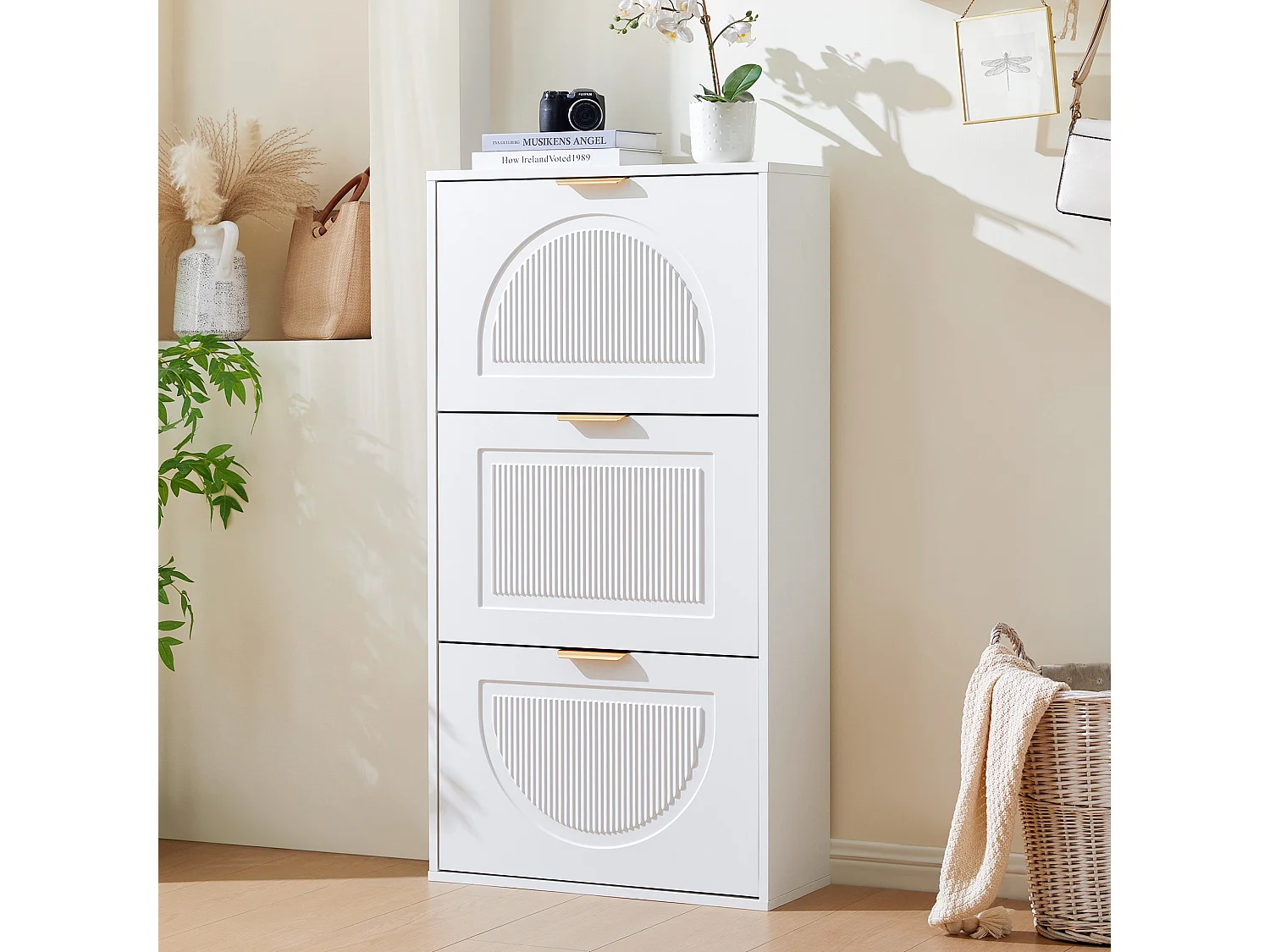 Meuble à chaussures étroit à 3 volets - 60 x 24 x 114 cm - pour salon - MDF - blanc