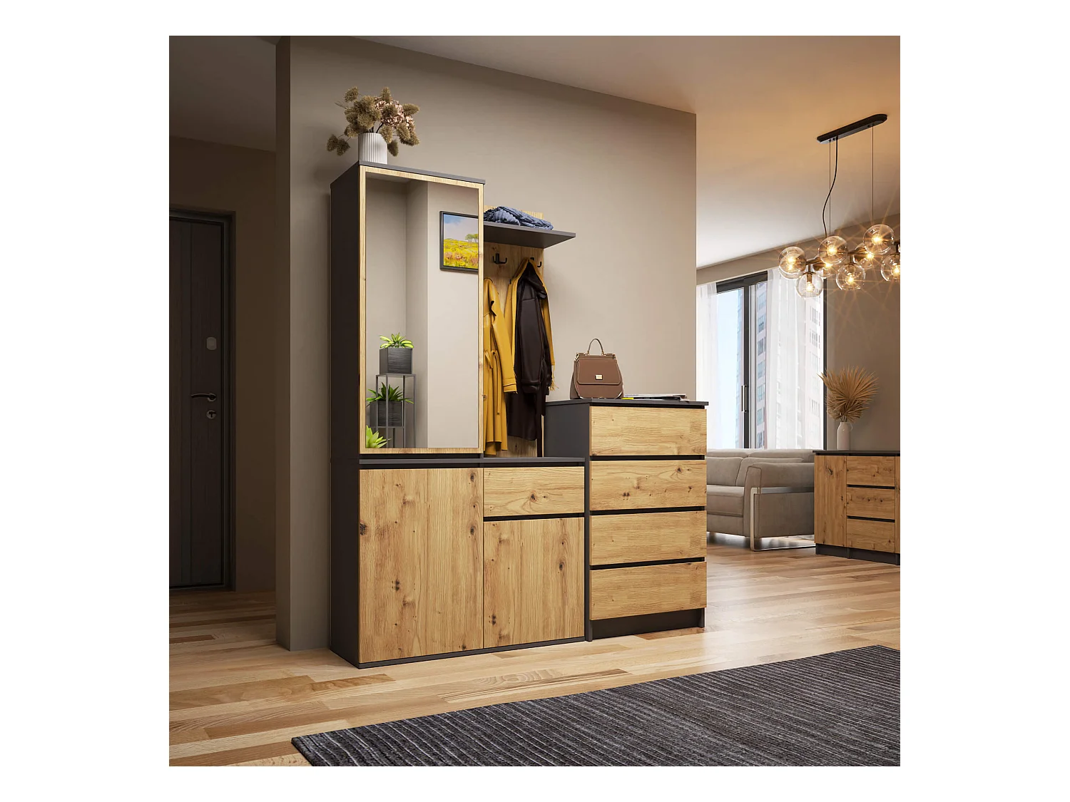 Ensemble de meubles d'entrée ENTRO Gris graphite, Chêne Artisan avec armoire et miroir 95 cm 3 portes 1 tiroir 7 étagères 95x35x183 cm