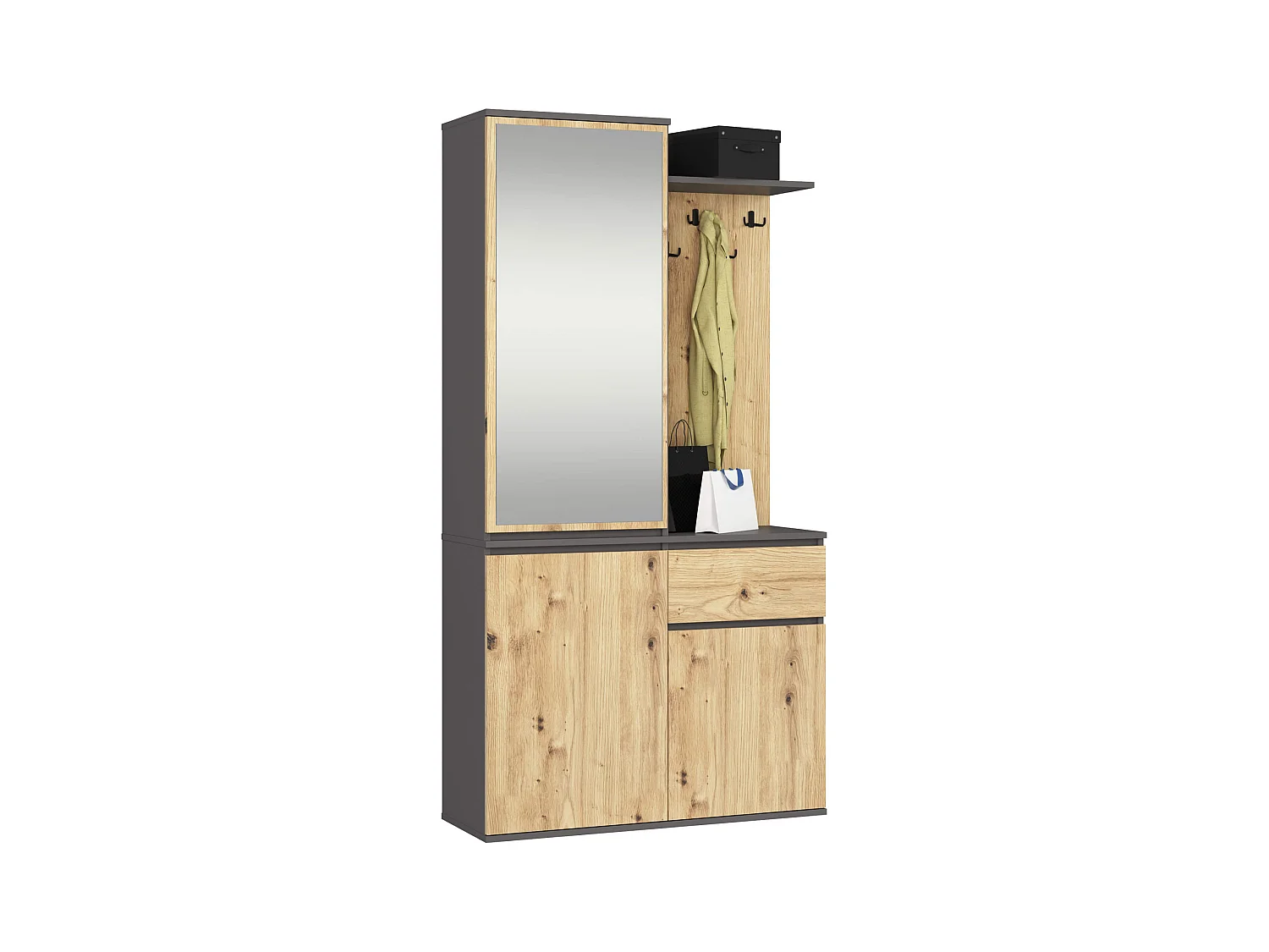 Ensemble de meubles d'entrée ENTRO Gris graphite, Chêne Artisan avec armoire et miroir 95 cm 3 portes 1 tiroir 7 étagères 95x35x183 cm