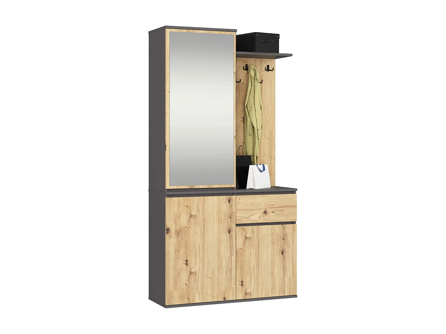 Ensemble de meubles d'entrée ENTRO Gris graphite, Chêne Artisan avec armoire et miroir 95 cm 3 portes 1 tiroir 7 étagères 95x35x183 cm