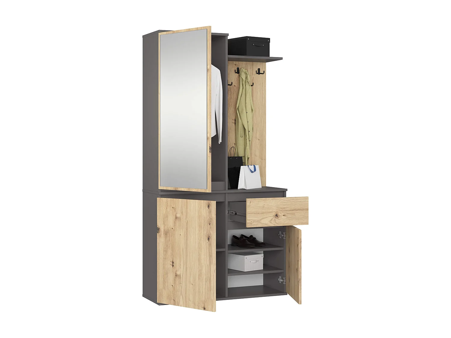 Ensemble de meubles d'entrée ENTRO Gris graphite, Chêne Artisan avec armoire et miroir 95 cm 3 portes 1 tiroir 7 étagères 95x35x183 cm