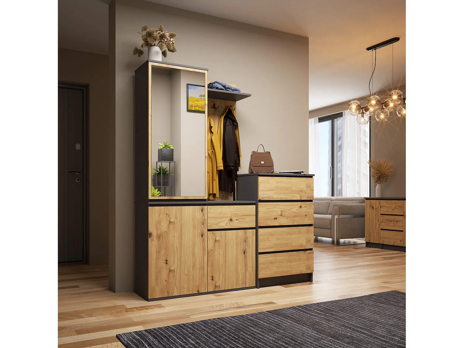 Ensemble de meubles d'entrée ENTRO Gris graphite, Chêne Artisan avec armoire et miroir 95 cm 3 portes 1 tiroir 7 étagères 95x35x183 cm