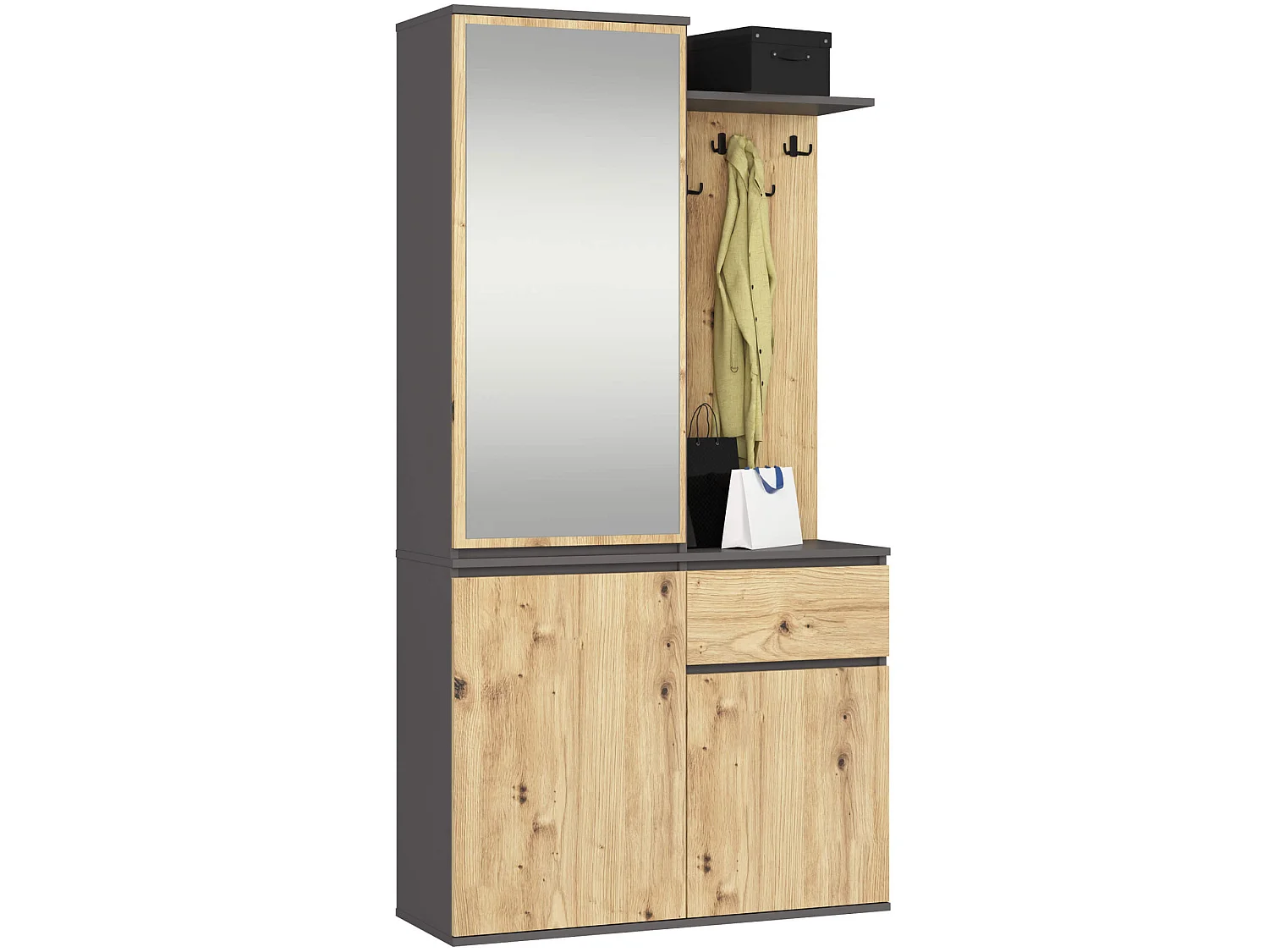 Ensemble de meubles d'entrée ENTRO Gris graphite, Chêne Artisan avec armoire et miroir 95 cm 3 portes 1 tiroir 7 étagères 95x35x183 cm