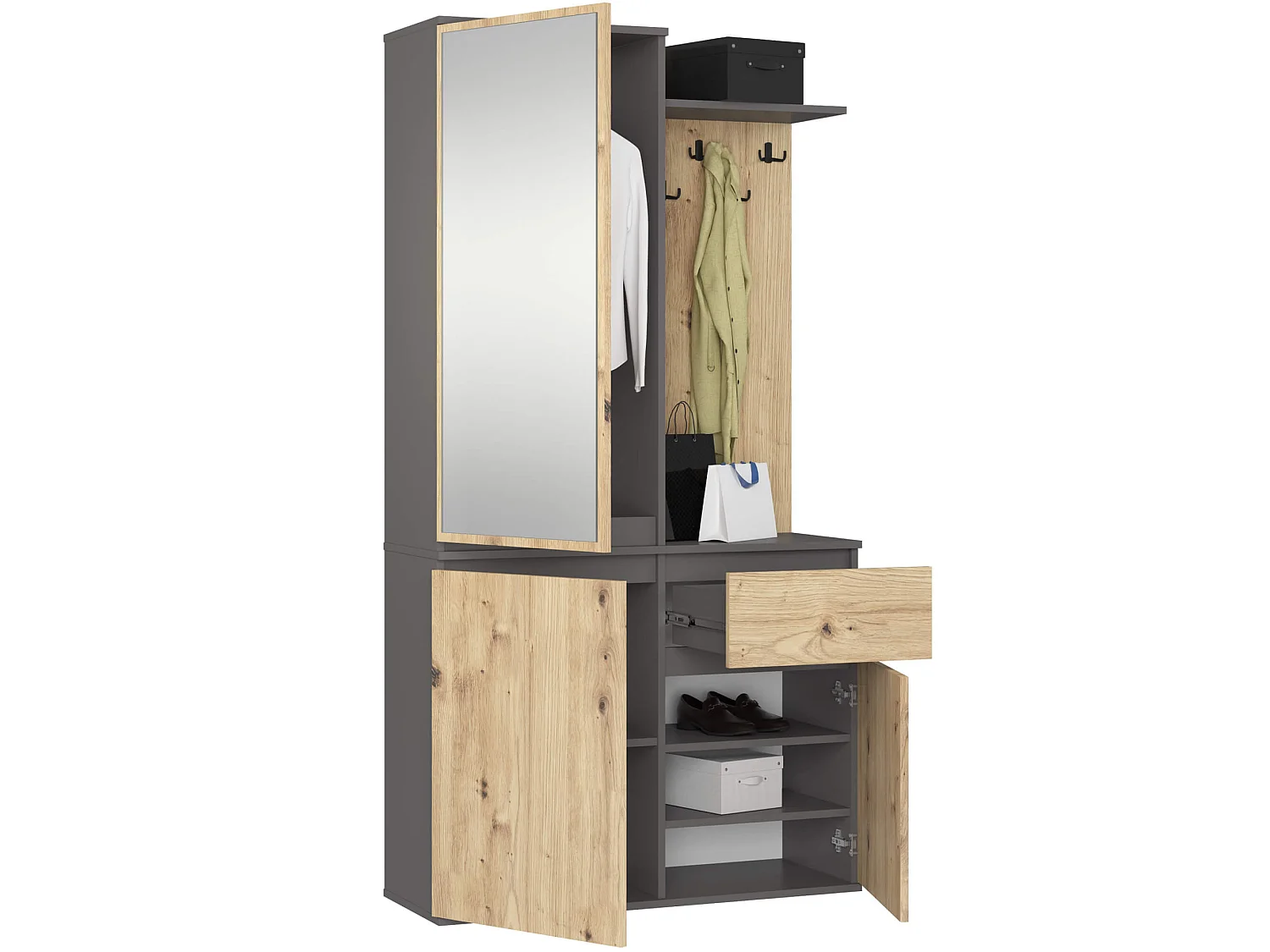 Ensemble de meubles d'entrée ENTRO Gris graphite, Chêne Artisan avec armoire et miroir 95 cm 3 portes 1 tiroir 7 étagères 95x35x183 cm