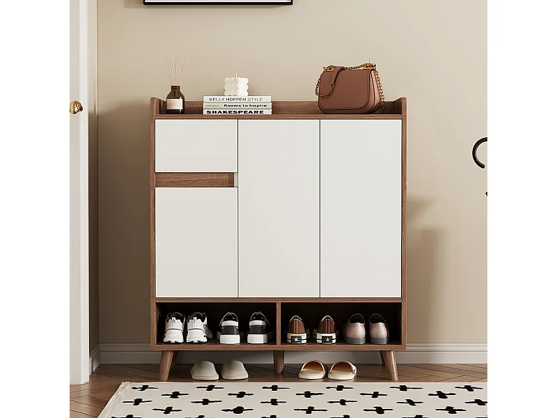 Szafka na buty - 90 x 35 x 99 cm - z regulowanymi półkami + 1 szuflada + 3 drzwi - płyta wiórowa - biała