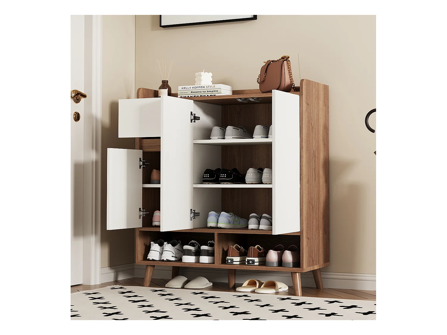 Meuble à chaussures - 90 x 35 x 99 cm - avec étagères réglables + 1 tiroirs + 3 portes - aggloméré - blanc