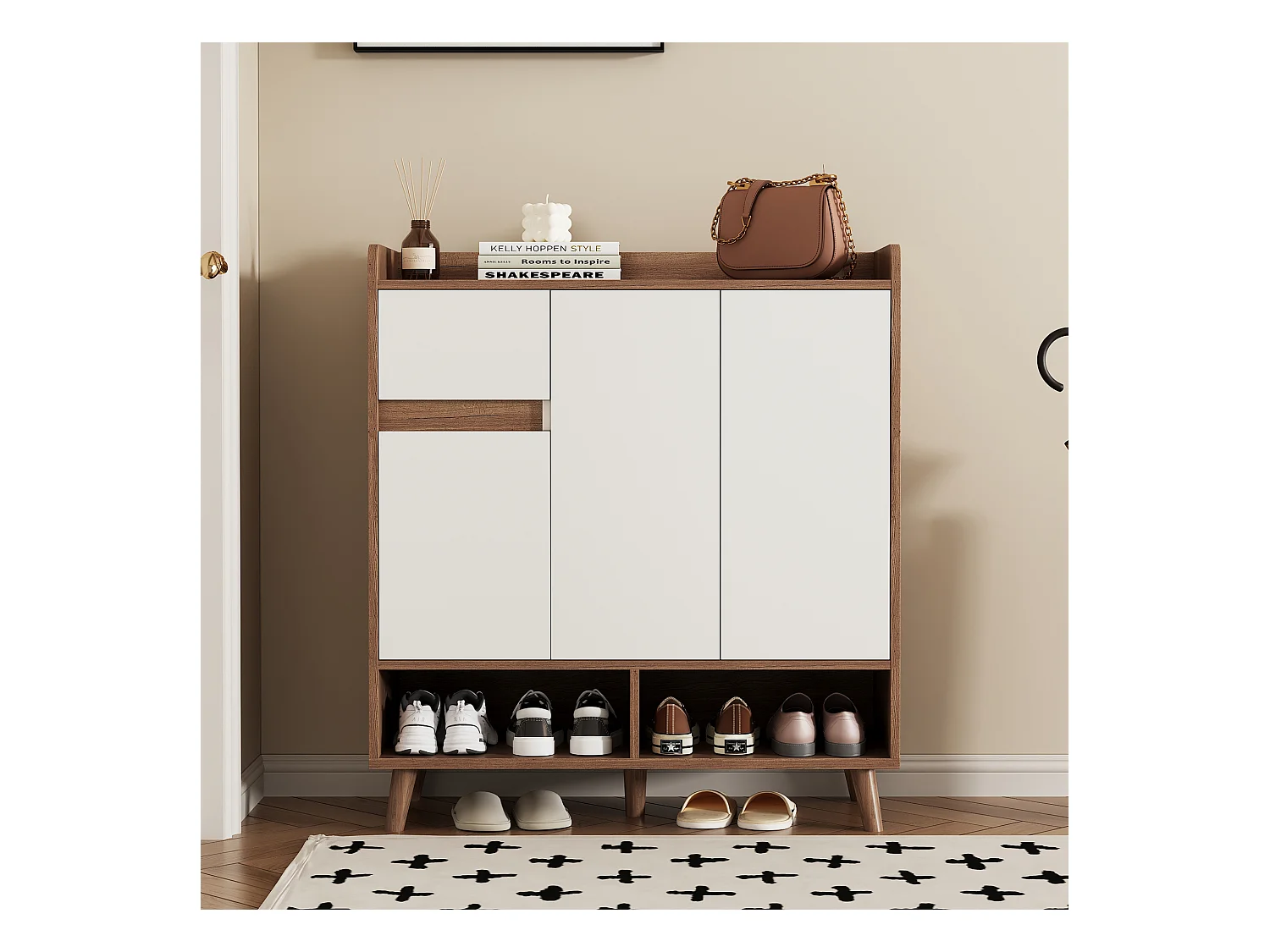 Schuhschrank – 90 x 35 x 99 cm – mit verstellbaren Einlegeböden + 1 Schublade + 3 Türen – Spanplatte – Weiß